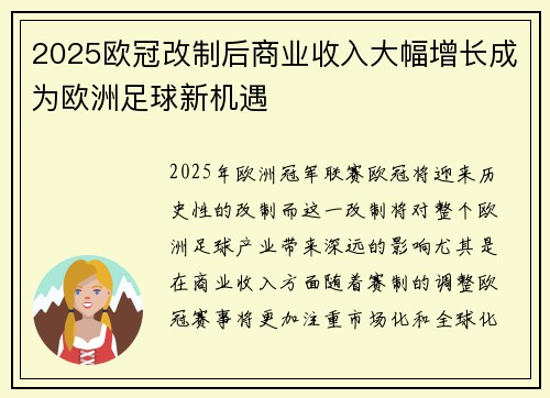 2025欧冠改制后商业收入大幅增长成为欧洲足球新机遇