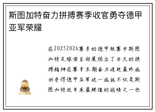 斯图加特奋力拼搏赛季收官勇夺德甲亚军荣耀